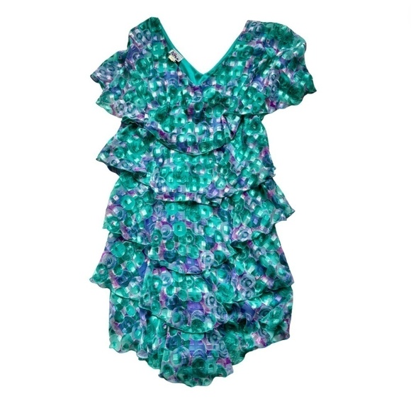 Vintage 80s 90s Patra Iridescent Circles Tiered Dress with Lettuce Hem Size Med - Picture 2 of 7